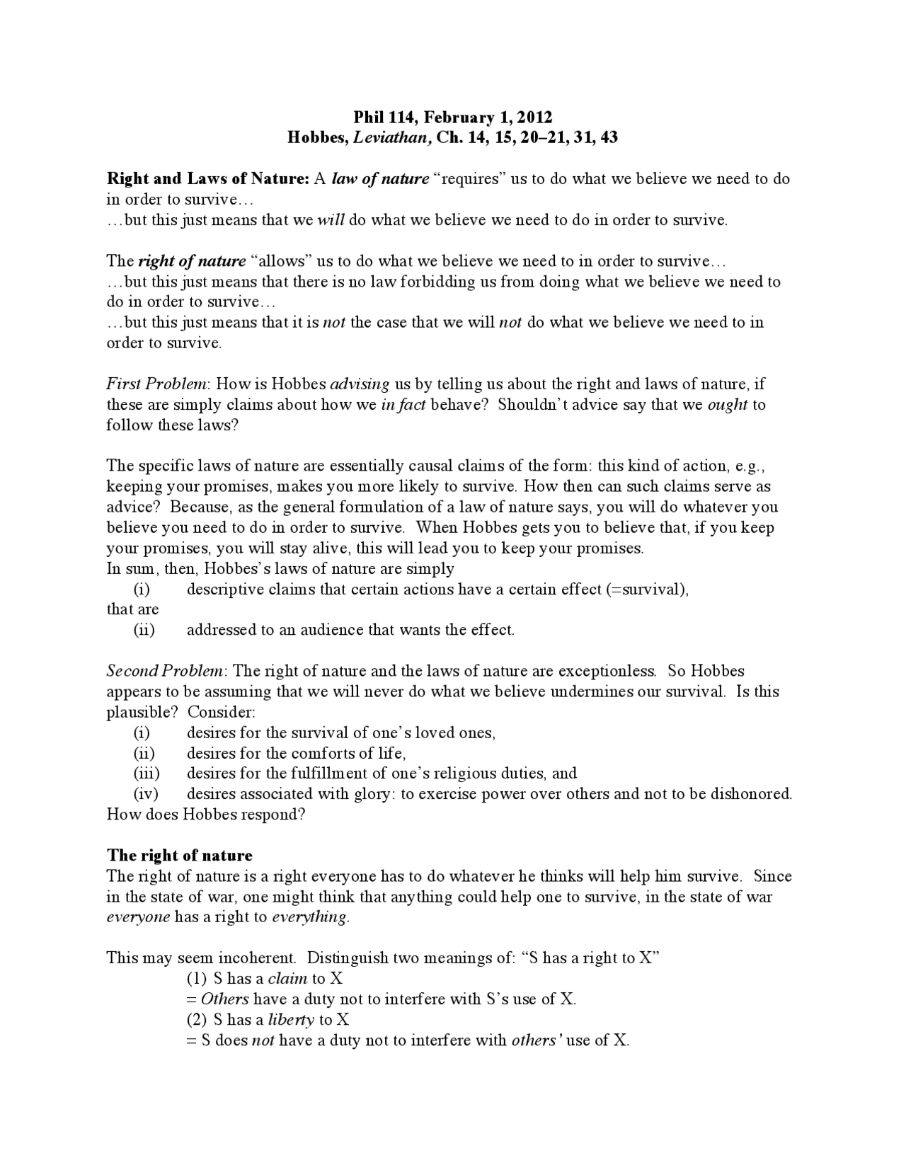 Hobbes leviathan chapter 14 summary Summaries Natural Science Docsity