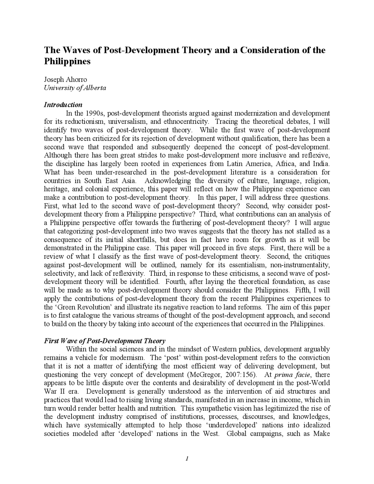 The waves of post development theory - Docsity