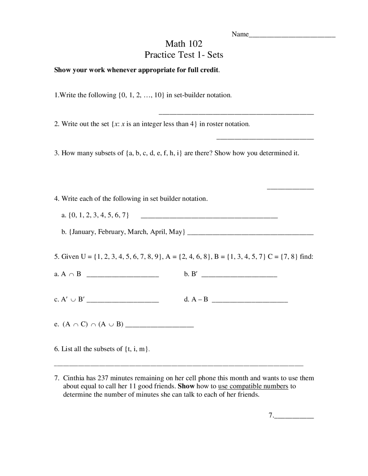 Practice Problems about Set Theory - Docsity