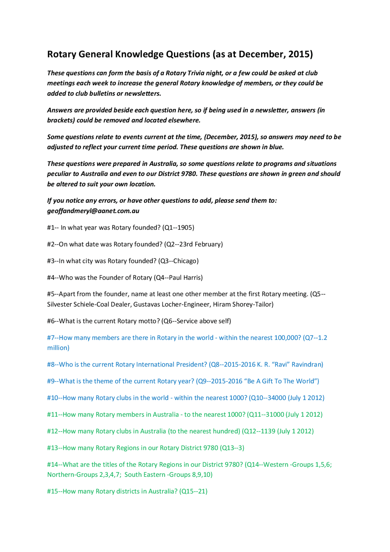 Rotary General Knowledge Questions Docsity