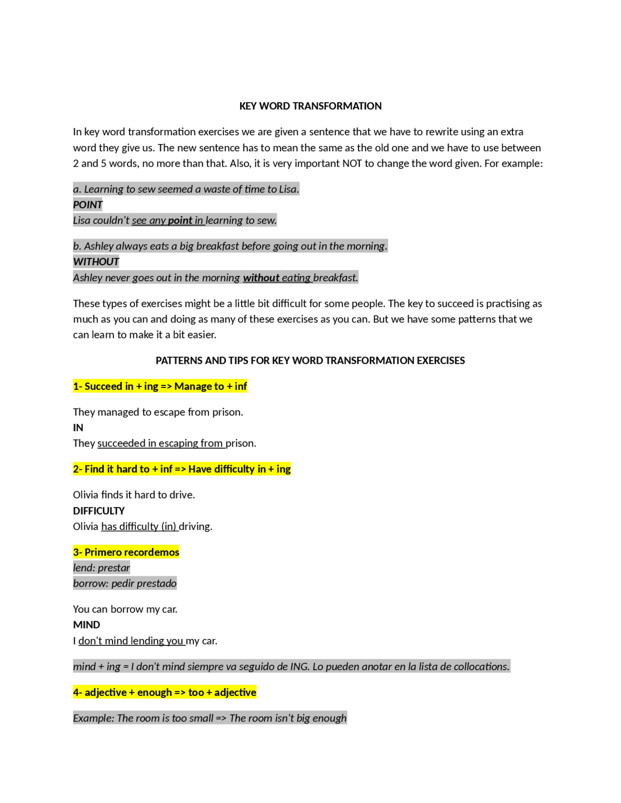 Key Word Transformation patterns | Apuntes de Inglés | Docsity