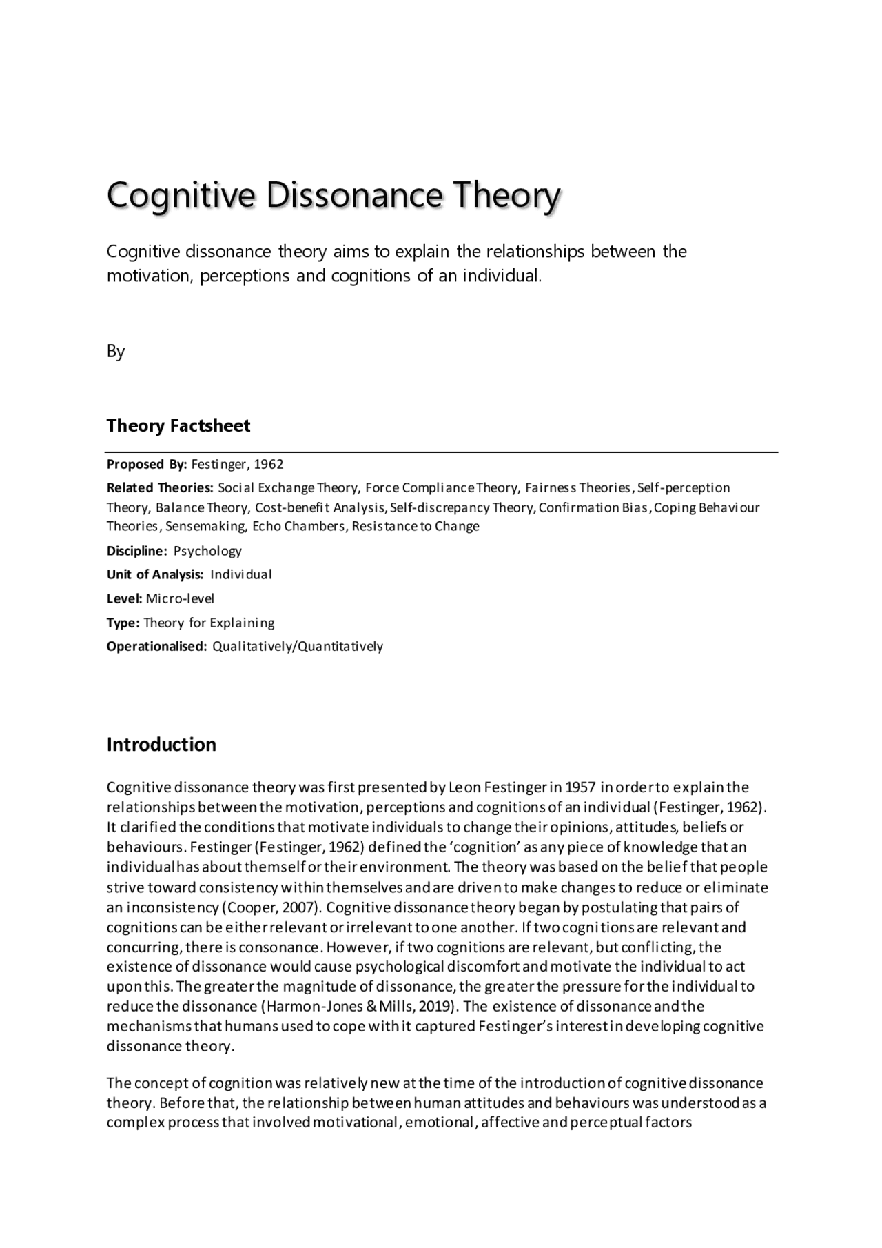 Cognitive Dissonance Theory Docsity