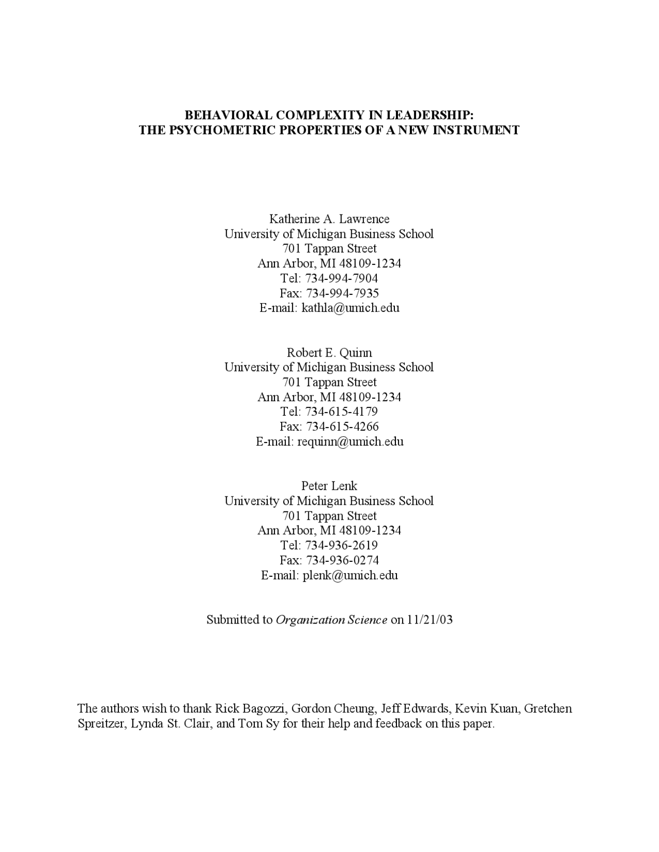 Behavioral Complexity in Leadership: The Psychometric Properties of a ...