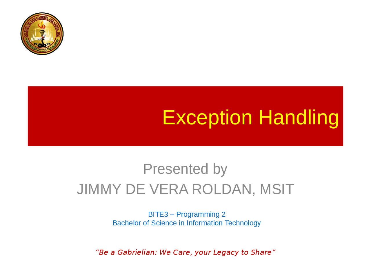 Exception Handling in java | Slides Java Programming - Docsity