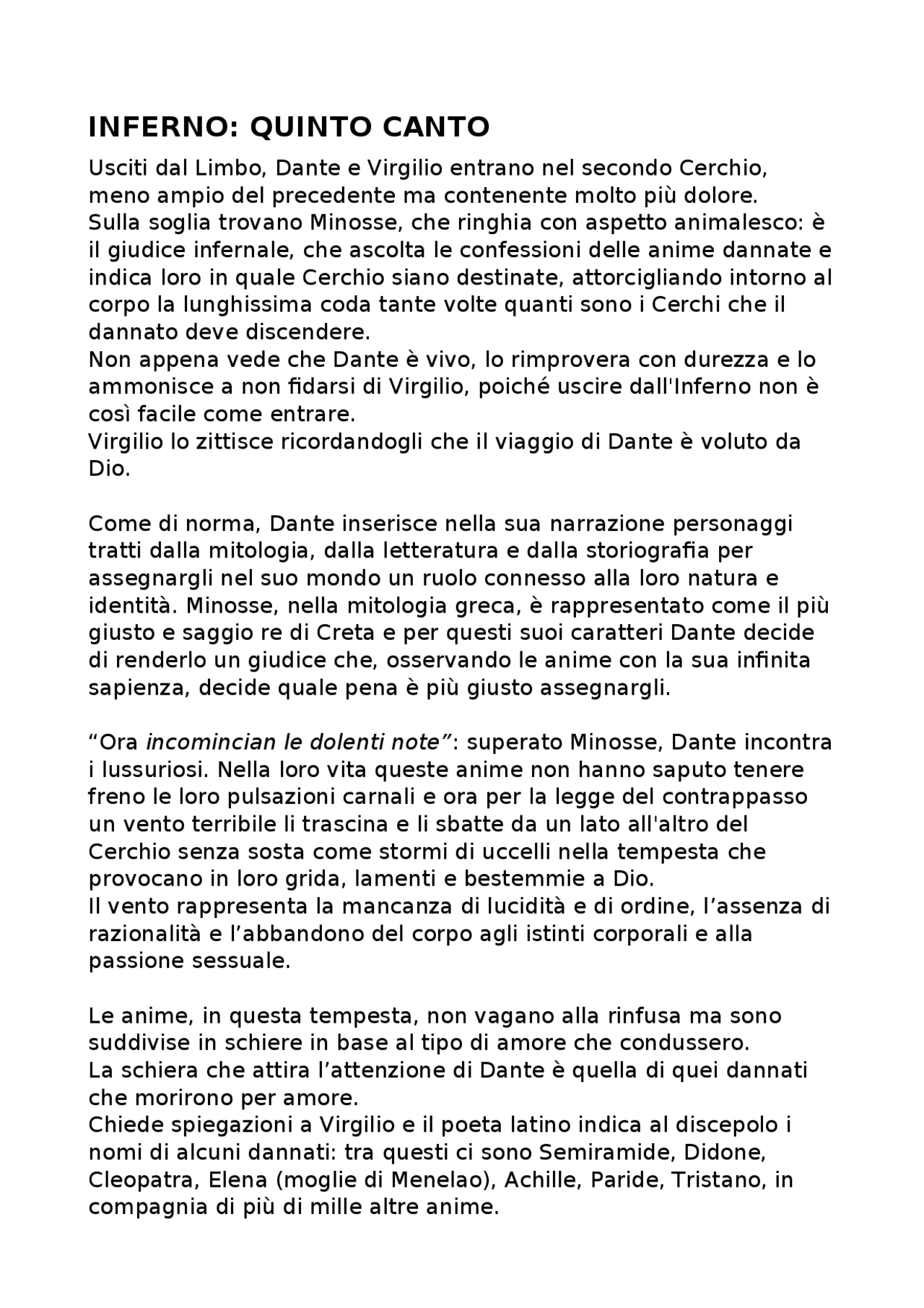 Analisi del testo del quinto canto dell'Inferno Docsity
