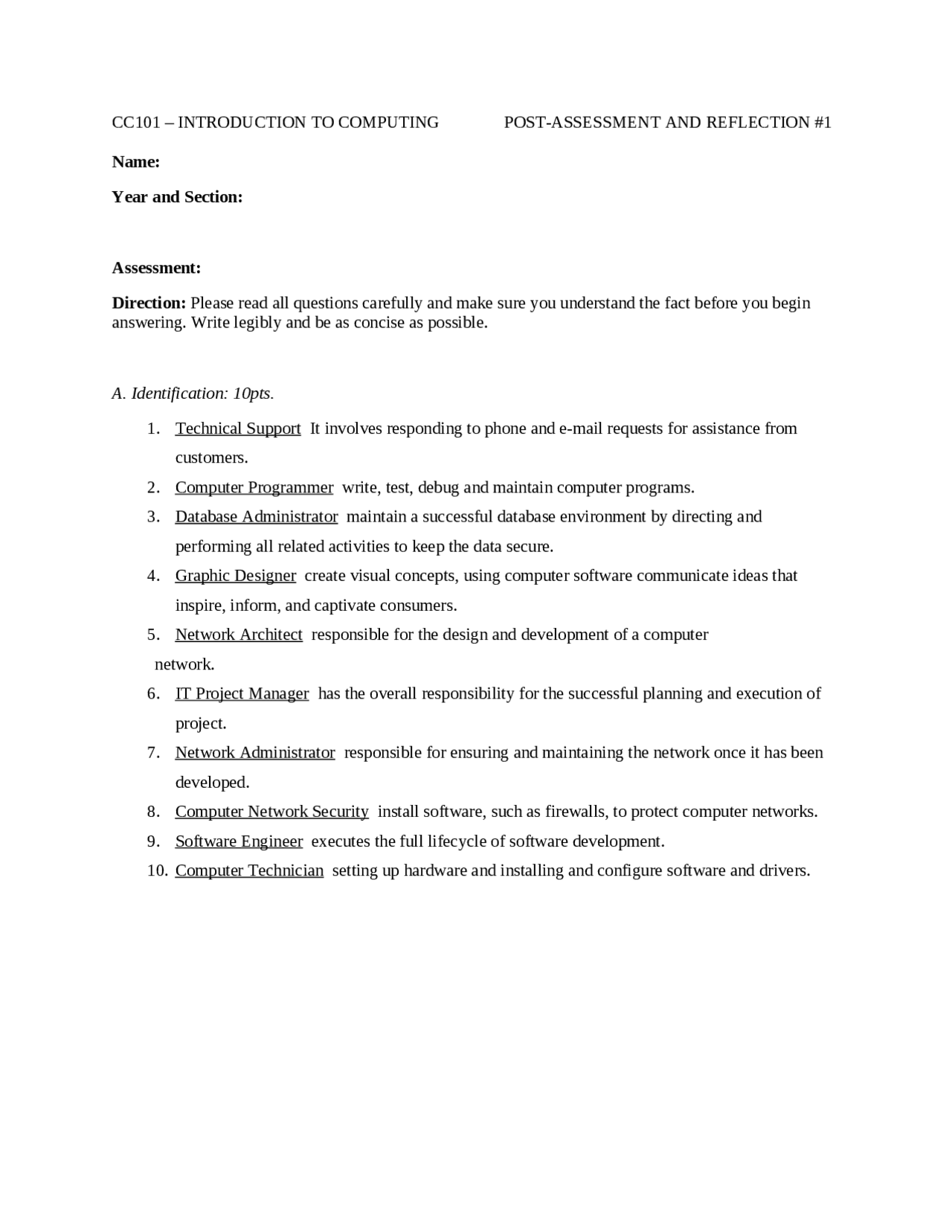Post Assessment Introduction Introduction to Computing Post-Assessment and Reflection - Docsity