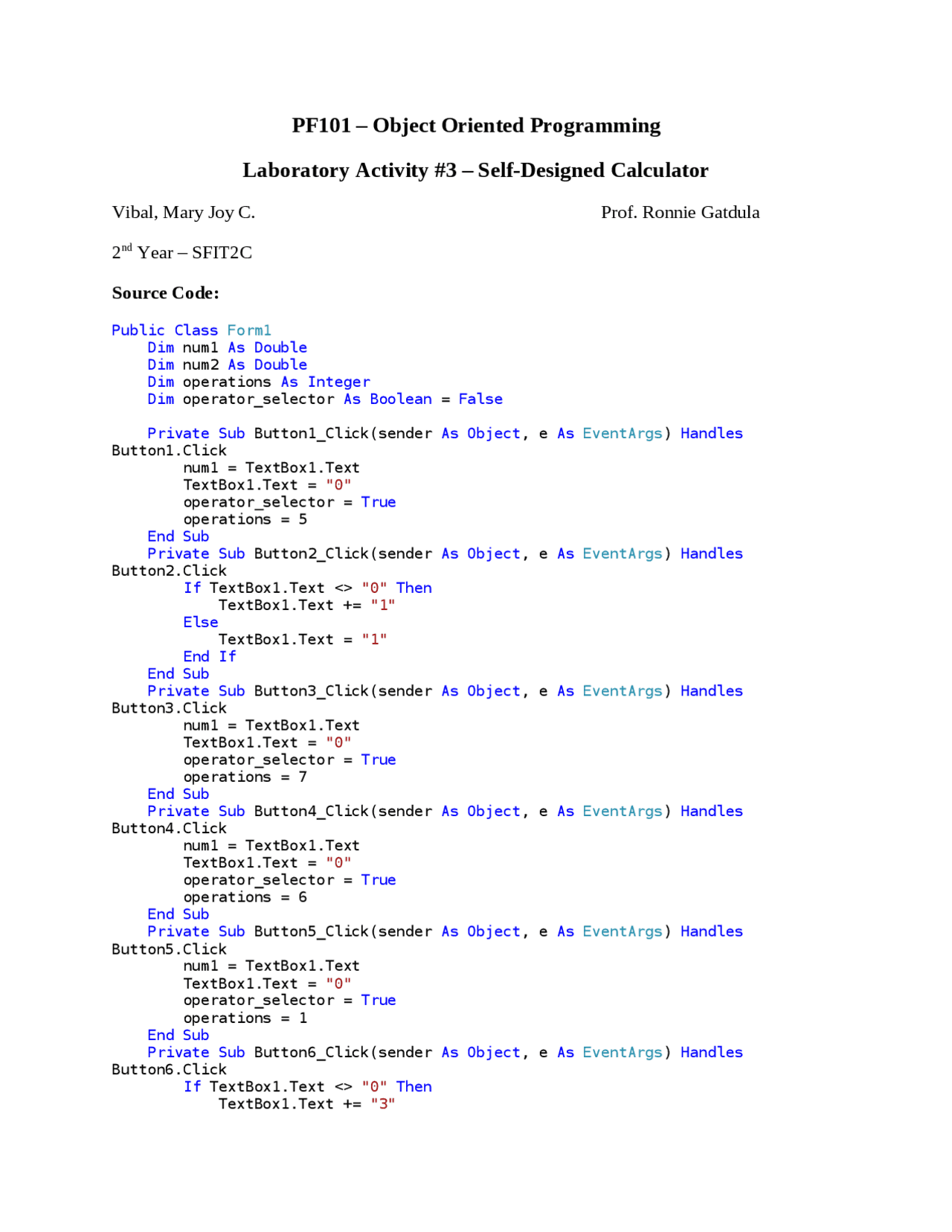 Calculator Source Codes in VB.Net - Docsity