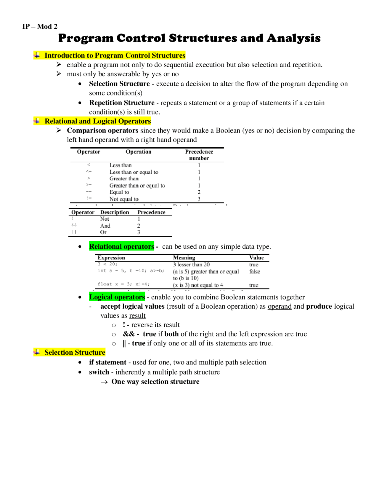 IP - Mod 2 - Program Control Structures and Analysis - Docsity