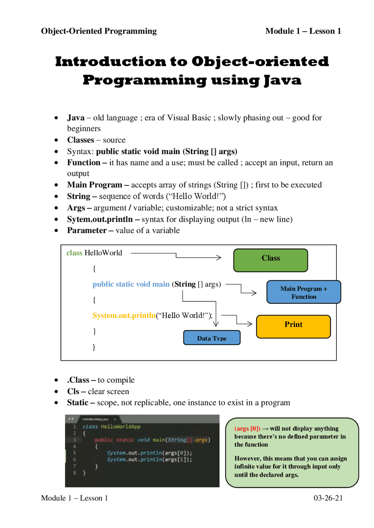 OOP - Mod 1 - Intro to Java - Docsity