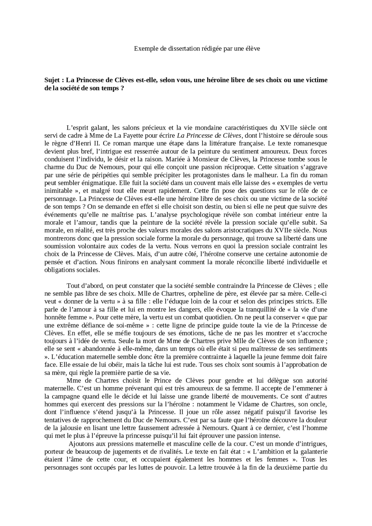 La Princesse De Clèves Est elle Libre De Ses Choix Dissertation La princesse de clèves | Dissertation Français | Docsity