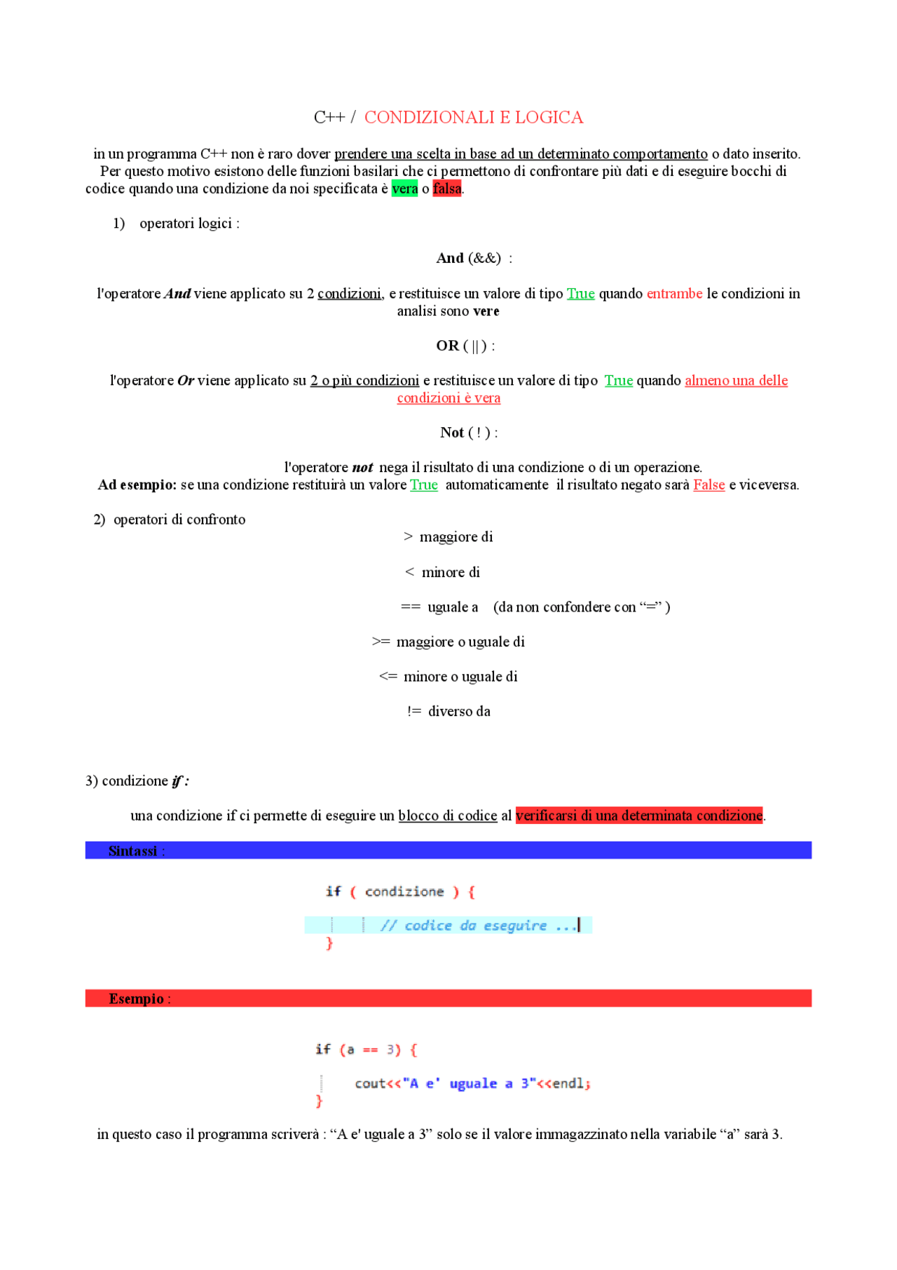 C++, Condizionali, Operatori logici e di Confronto - Docsity