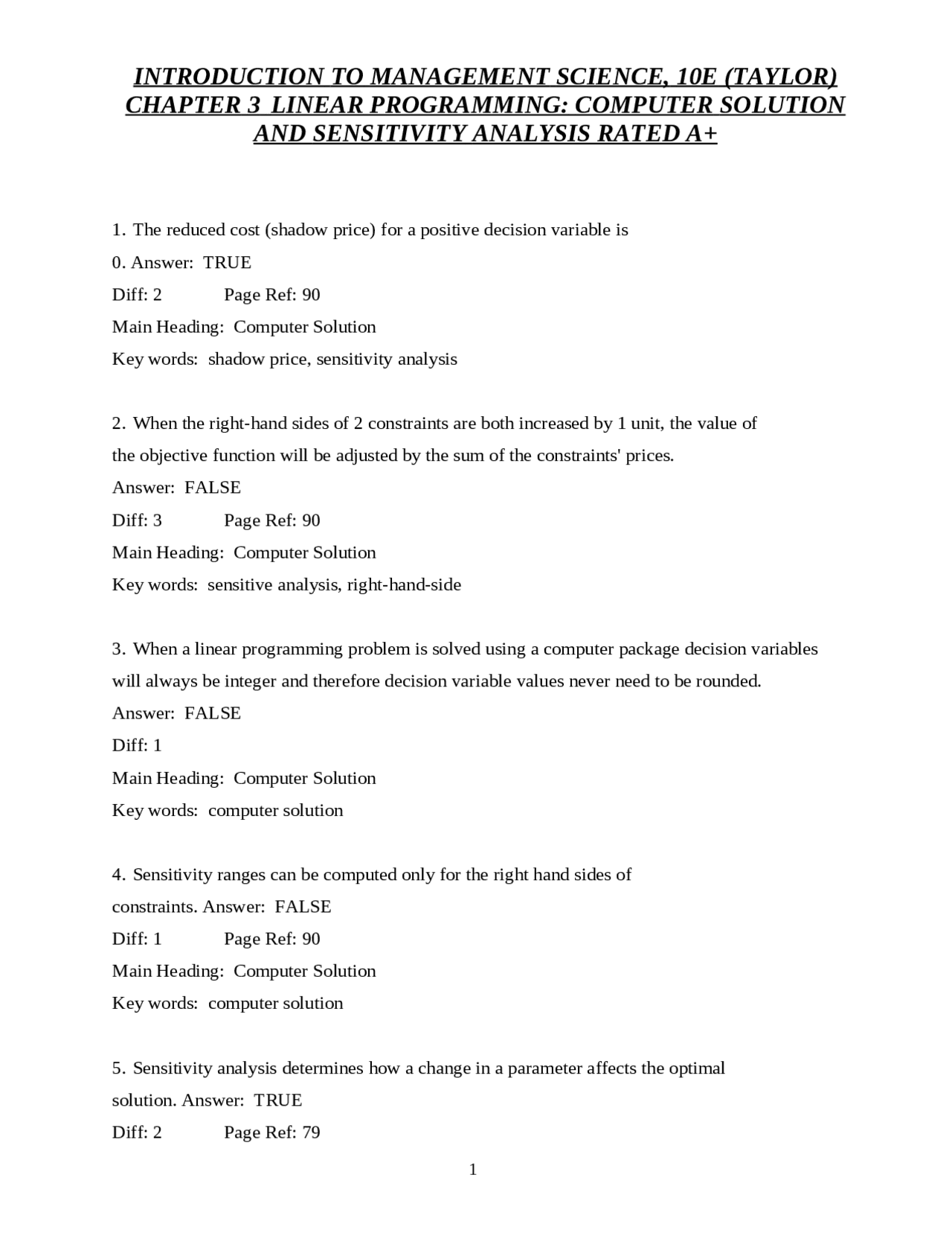 INTRODUCTION TO MANAGEMENT SCIENCE, 10E (TAYLOR) CHAPTER 3 LINEAR ...