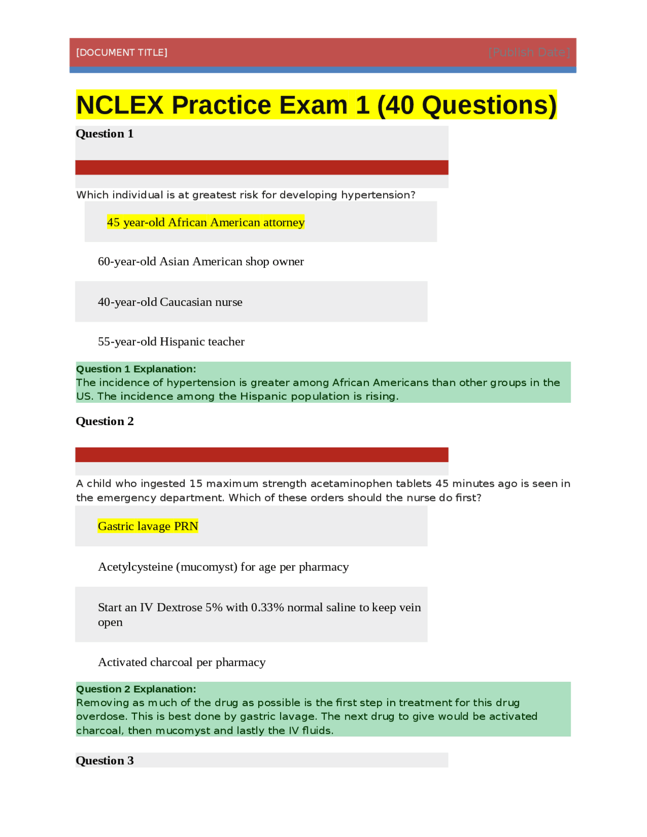 Nclex Example Questions NCLEX Practice Exam 1 (40 Questions&Answers) - Docsity