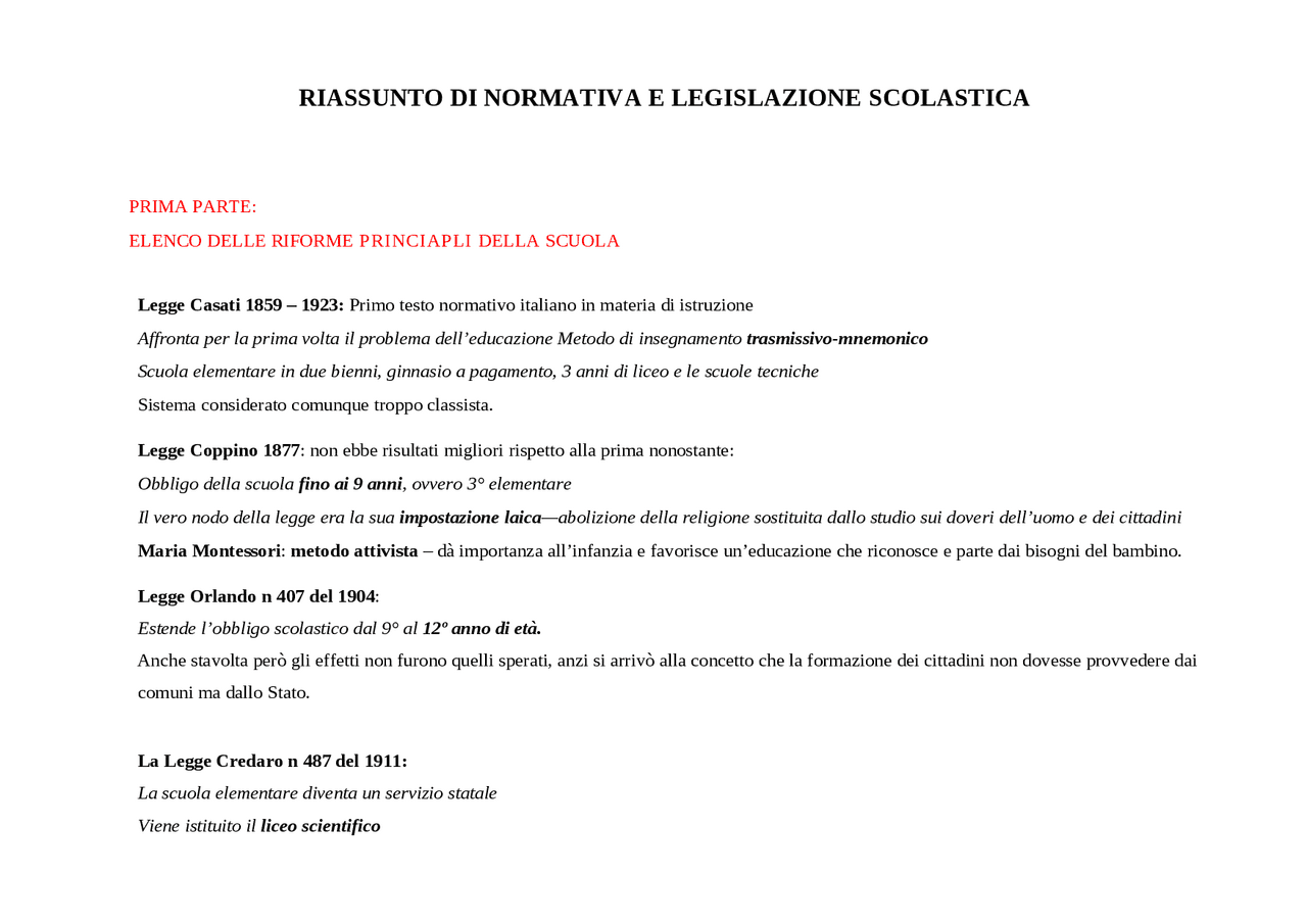RIASSUNTO COMPLETO NORMATIVA E LEGISLAZIONE SCOLASTICA (SCRITTO E ORALE