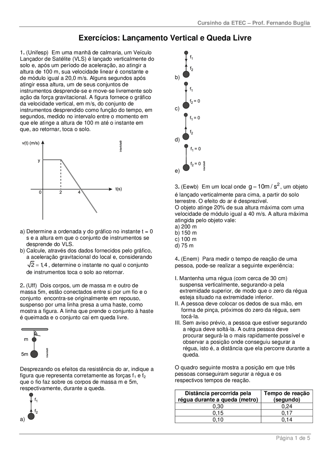Exercícios: Lançamento Vertical e Queda Livre | Exercícios Física | Docsity