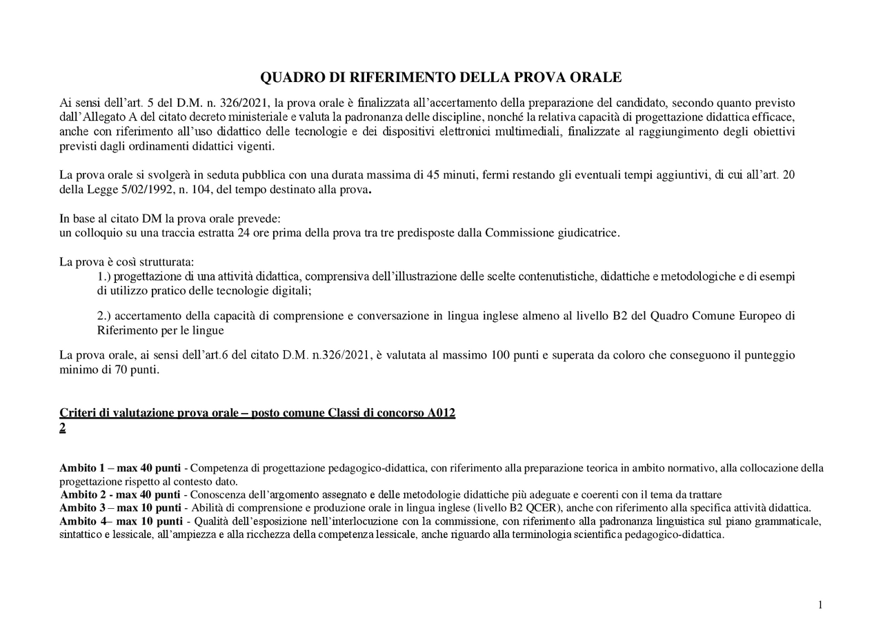 Quadri di riferimento prova orale concorso a cattedra - Docsity