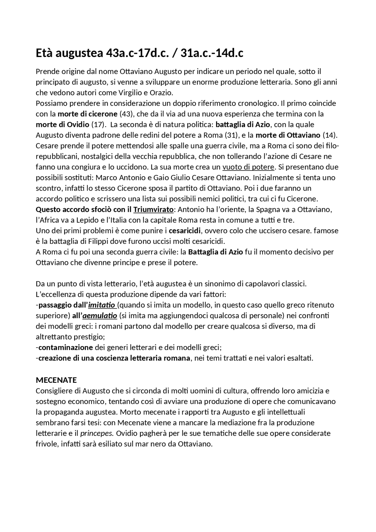 Età augustea, Mecenate, Virgilio, Orazio, Ovidio - Docsity