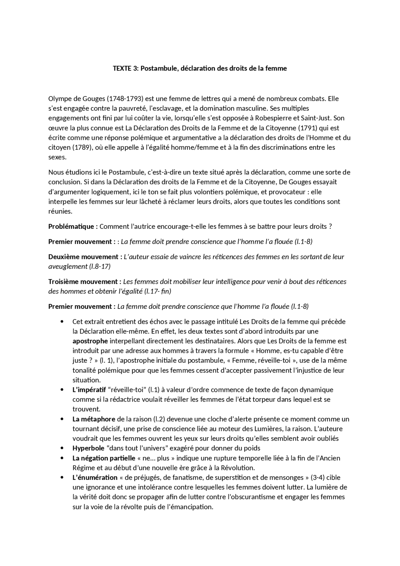 Analyse postambule olympe de gouges | Notes Français | Docsity