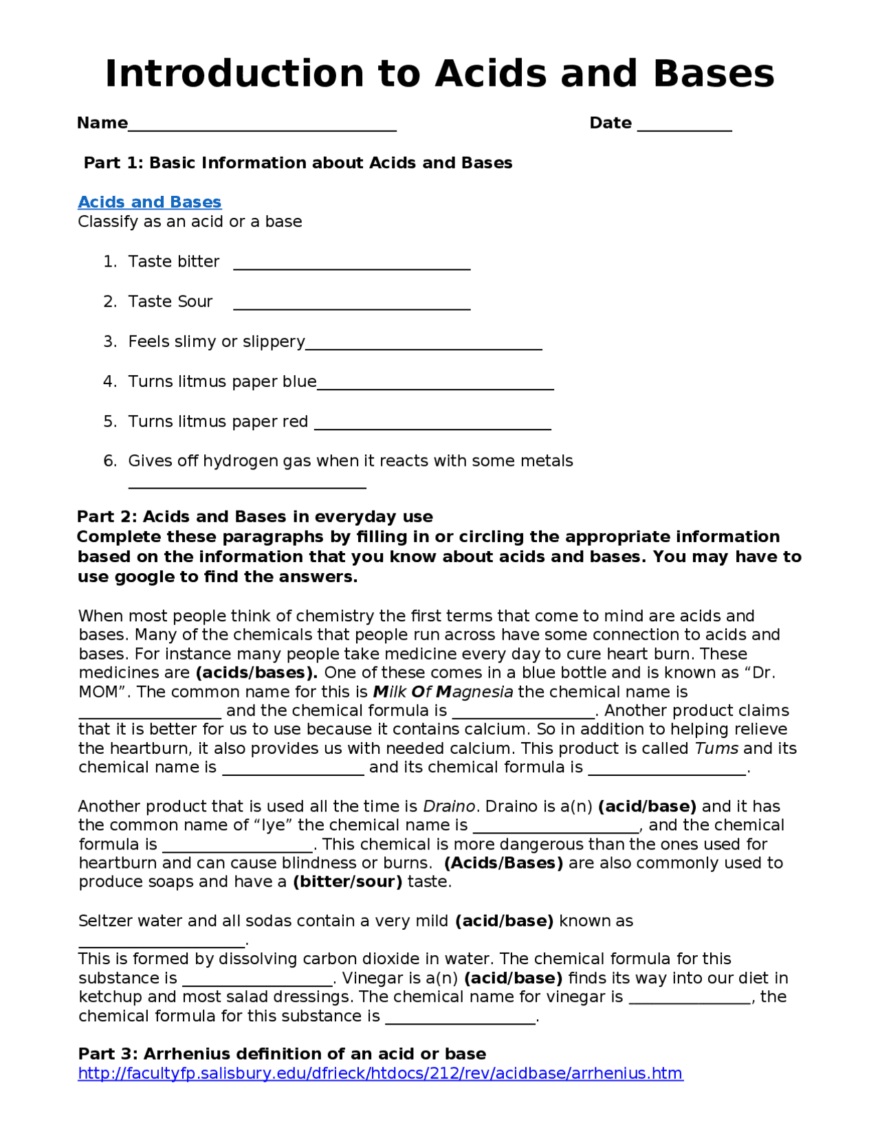 Intro to bases and acids webquest | Cheat Sheet Chemistry | Docsity