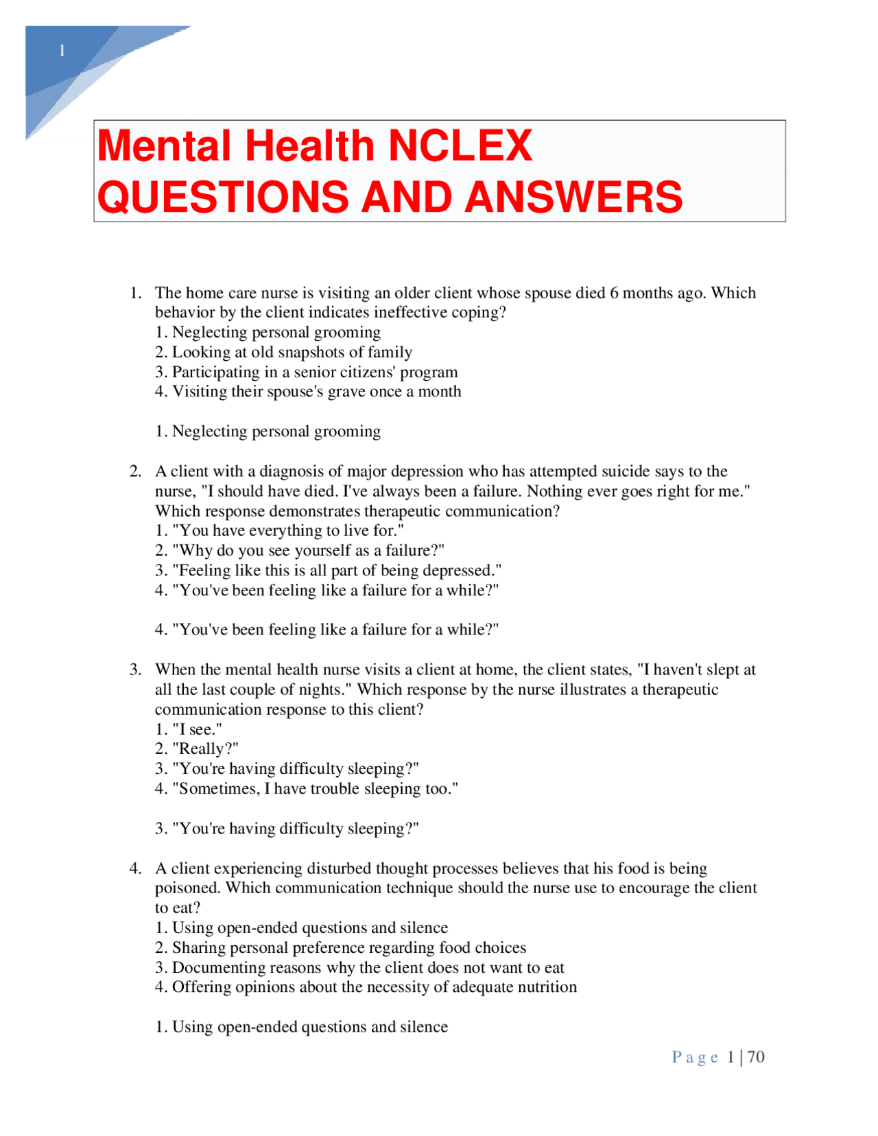 Mental Health NCLEX QUESTIONS AND ANSWERS Docsity