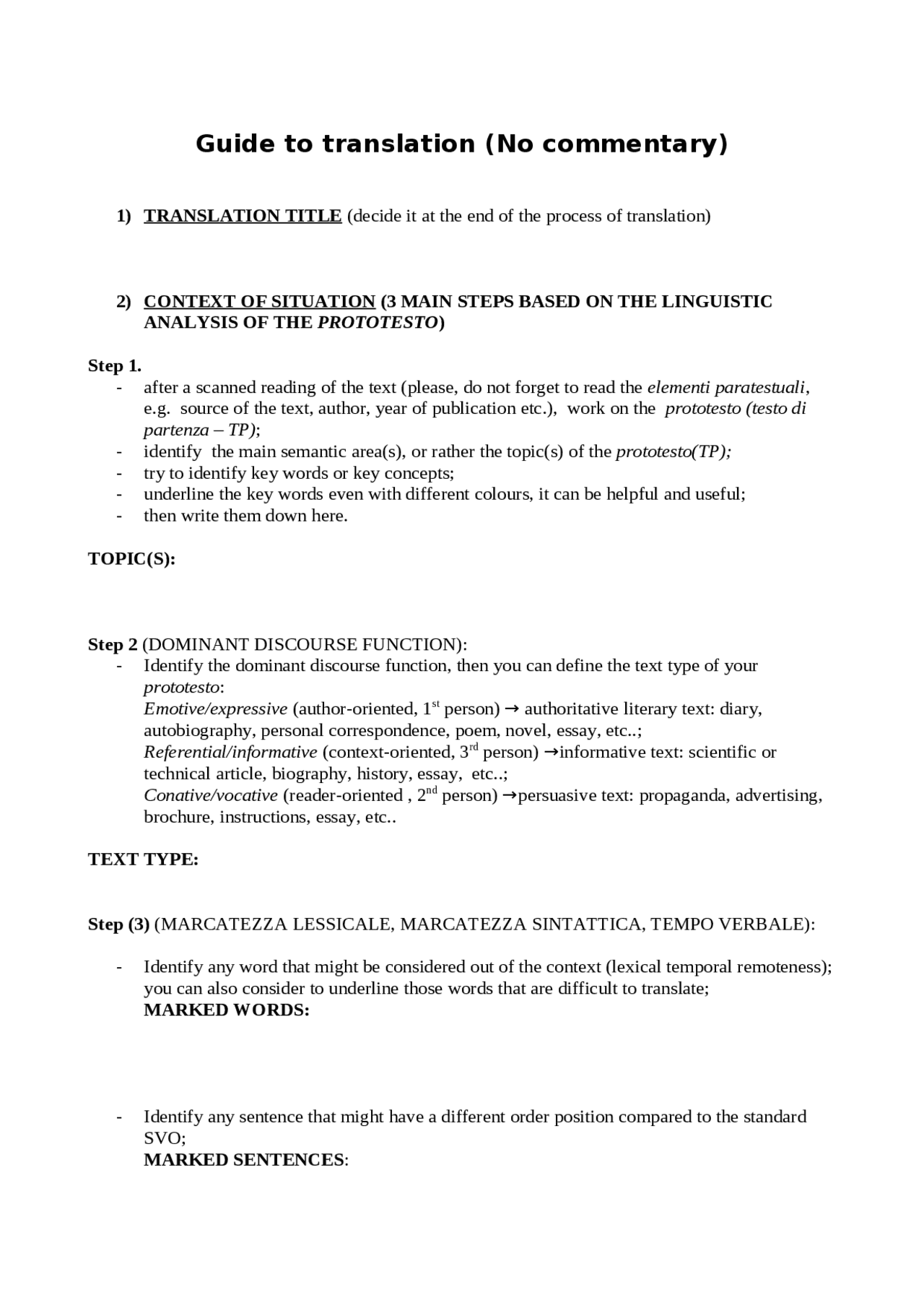 Guide to translation ( no commentary) - Docsity