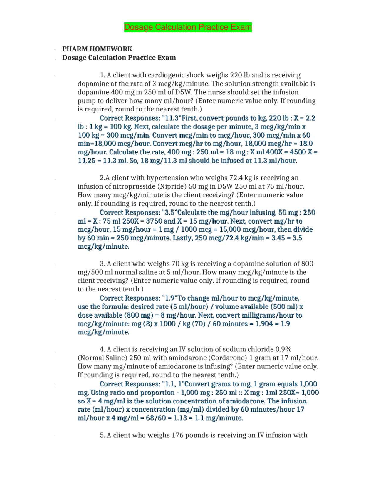 . PHARM HOMEWORK . Dosage Calculation Practice Exam - Docsity