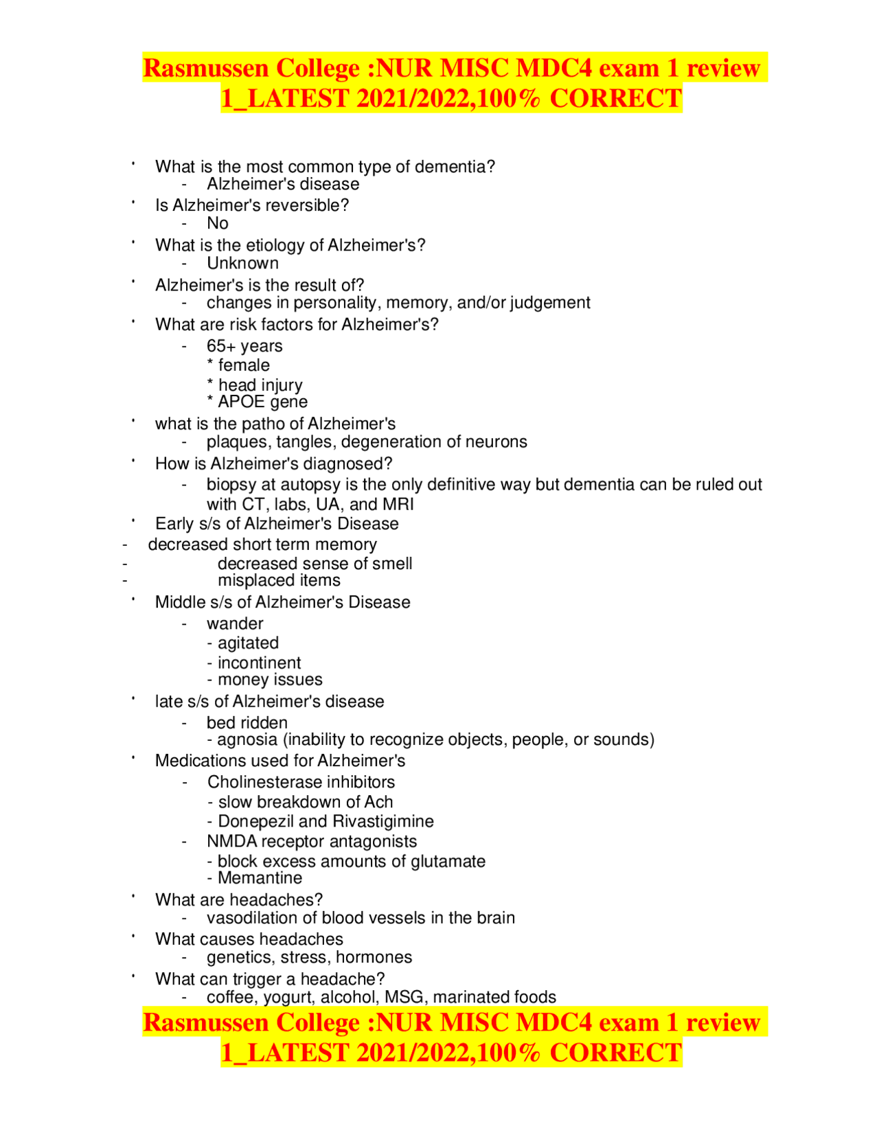 Rasmussen College NUR MISC MDC4 exam 1 review 1_LATEST 2021/2022,100 CORRECT Exams Nursing