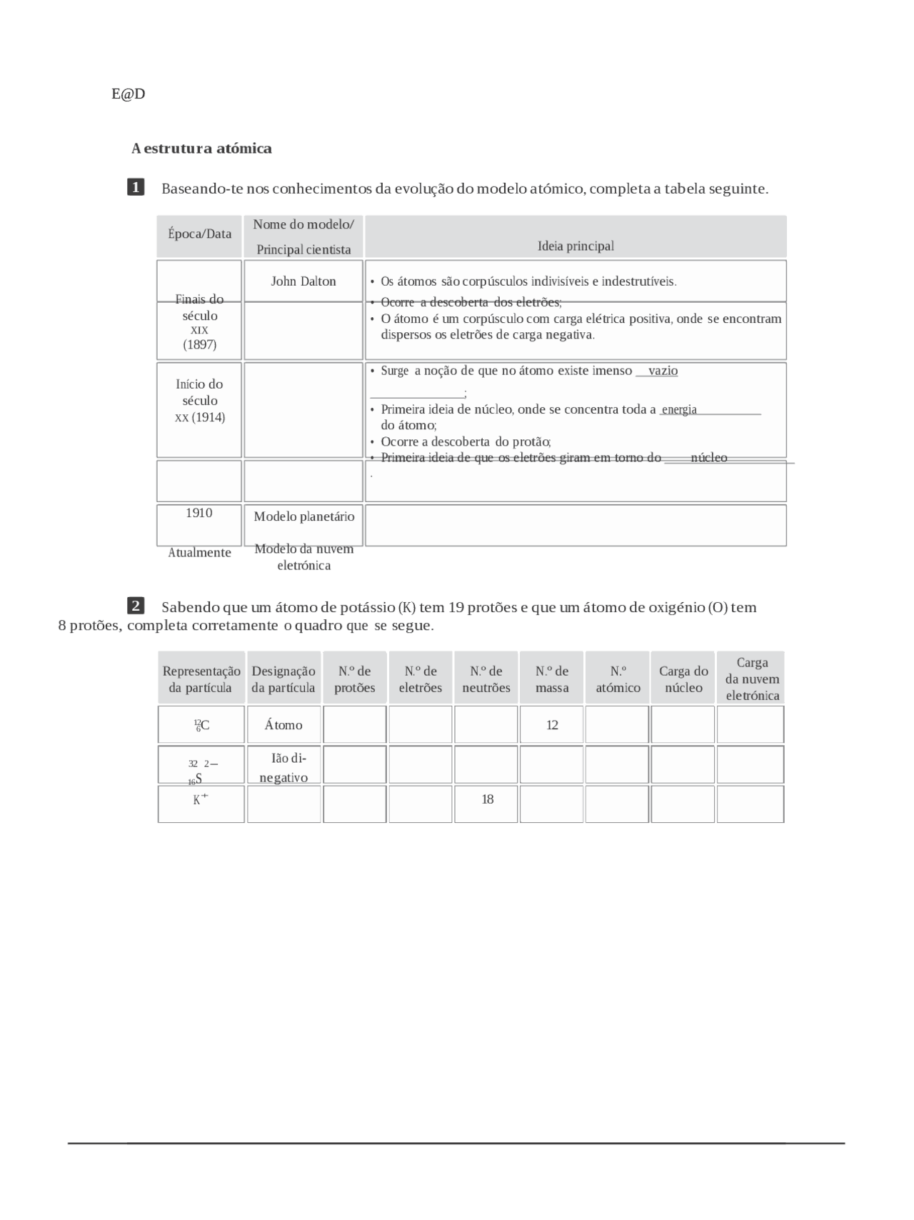 A estrutura atómica - Ficha de exercícios | Exercícios Química | Docsity