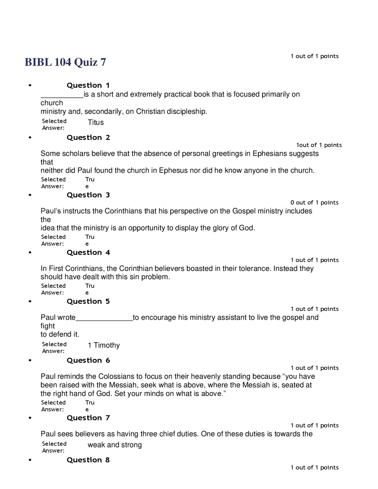 BIBL 104 Quiz 7 4 versions LATEST 2022/2023 - Docsity