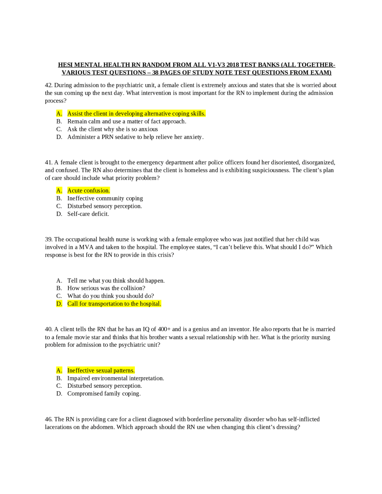 HESI MENTAL HEALTH RN V1V3 2022/2023 TEST BANK. Study Guides