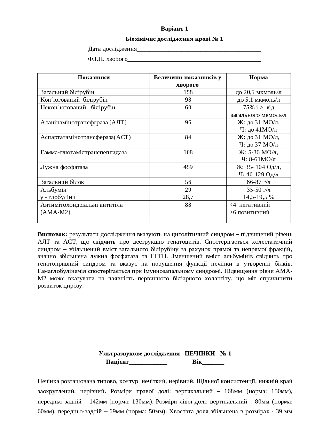 Аналізи, цироз, Варіант 1 - Docsity