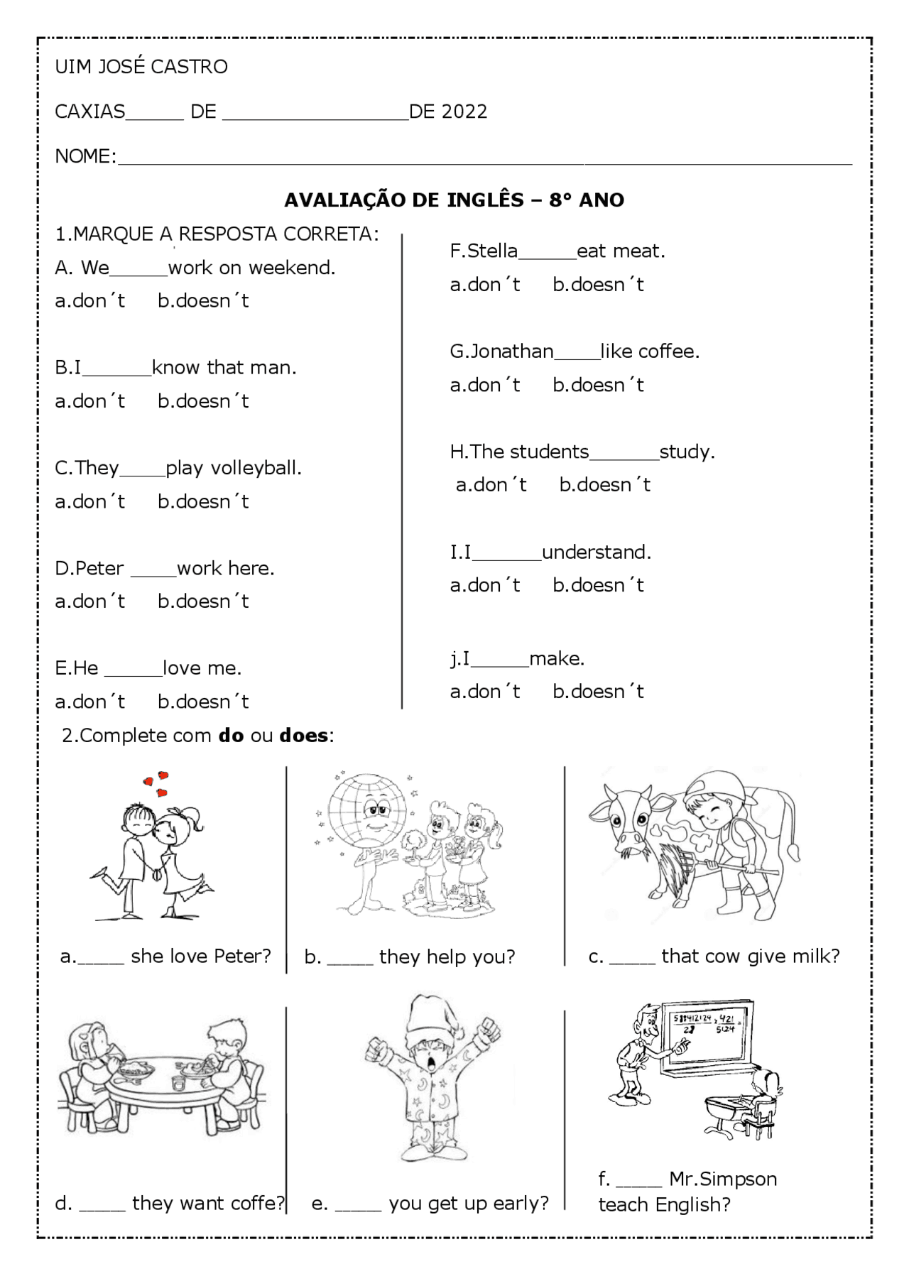 PROVA DE INGLES SOBRE SIMPLE PRESENT | Provas Inglês | Docsity