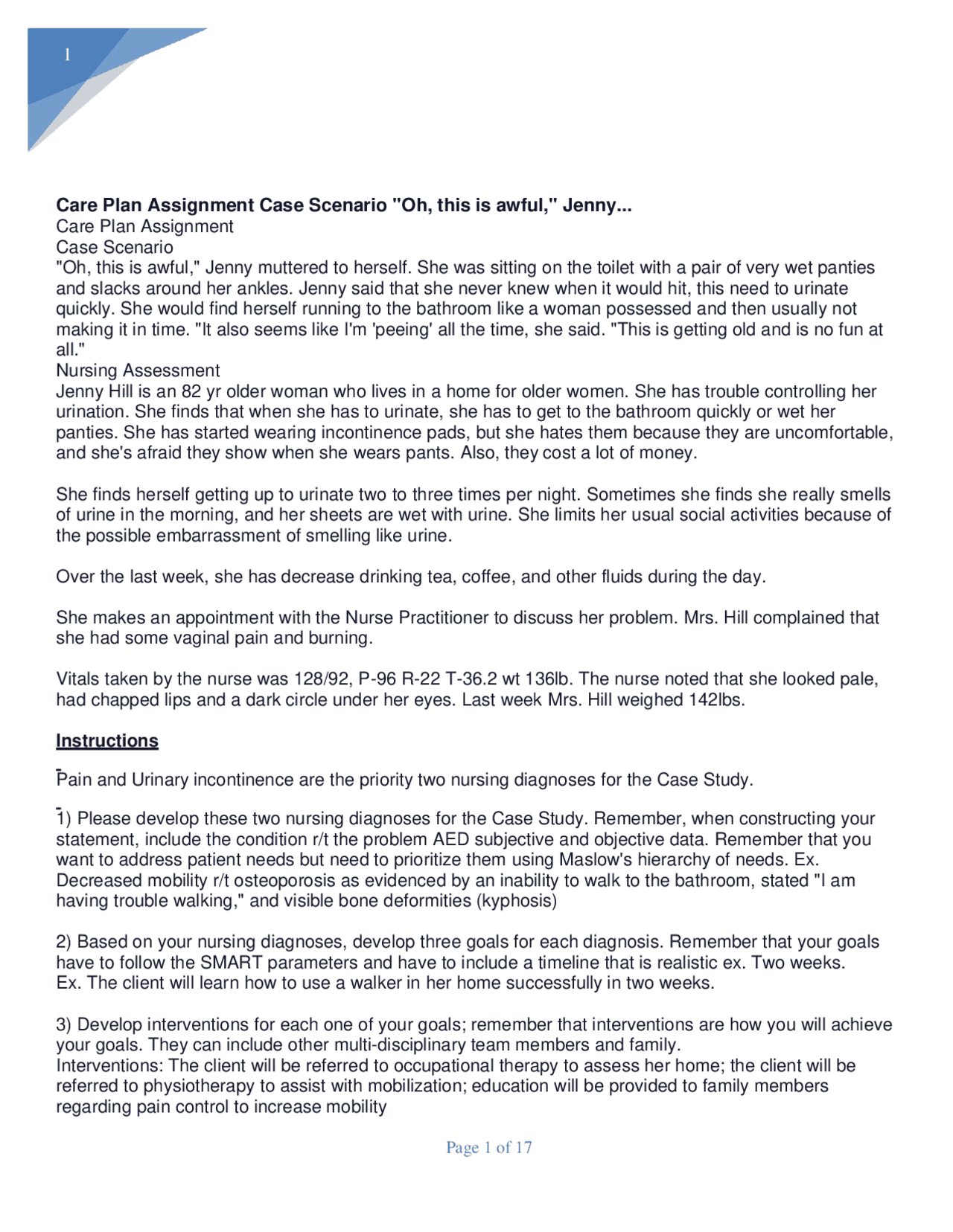 Care Plan Assignment Case Scenario.pdf - Docsity