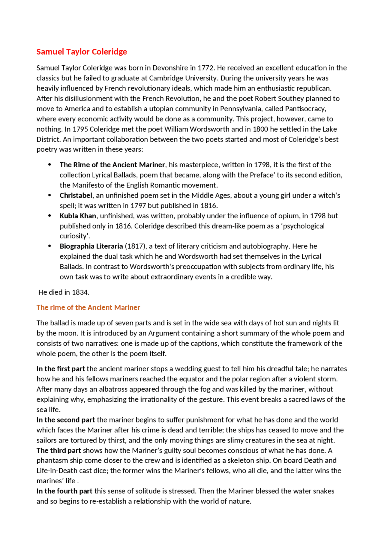 Samuel Coleridge life and works, analysis of "The killing of the