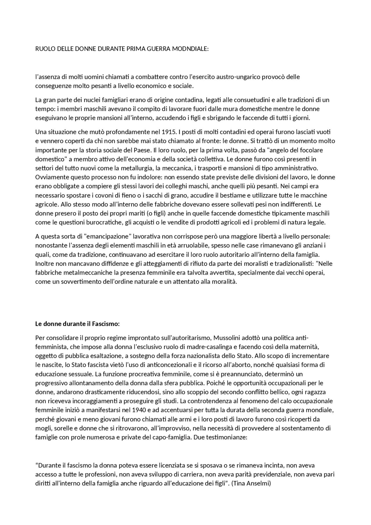 RUOLO DELLE DONNE DURANTE LE GUERRE - Docsity