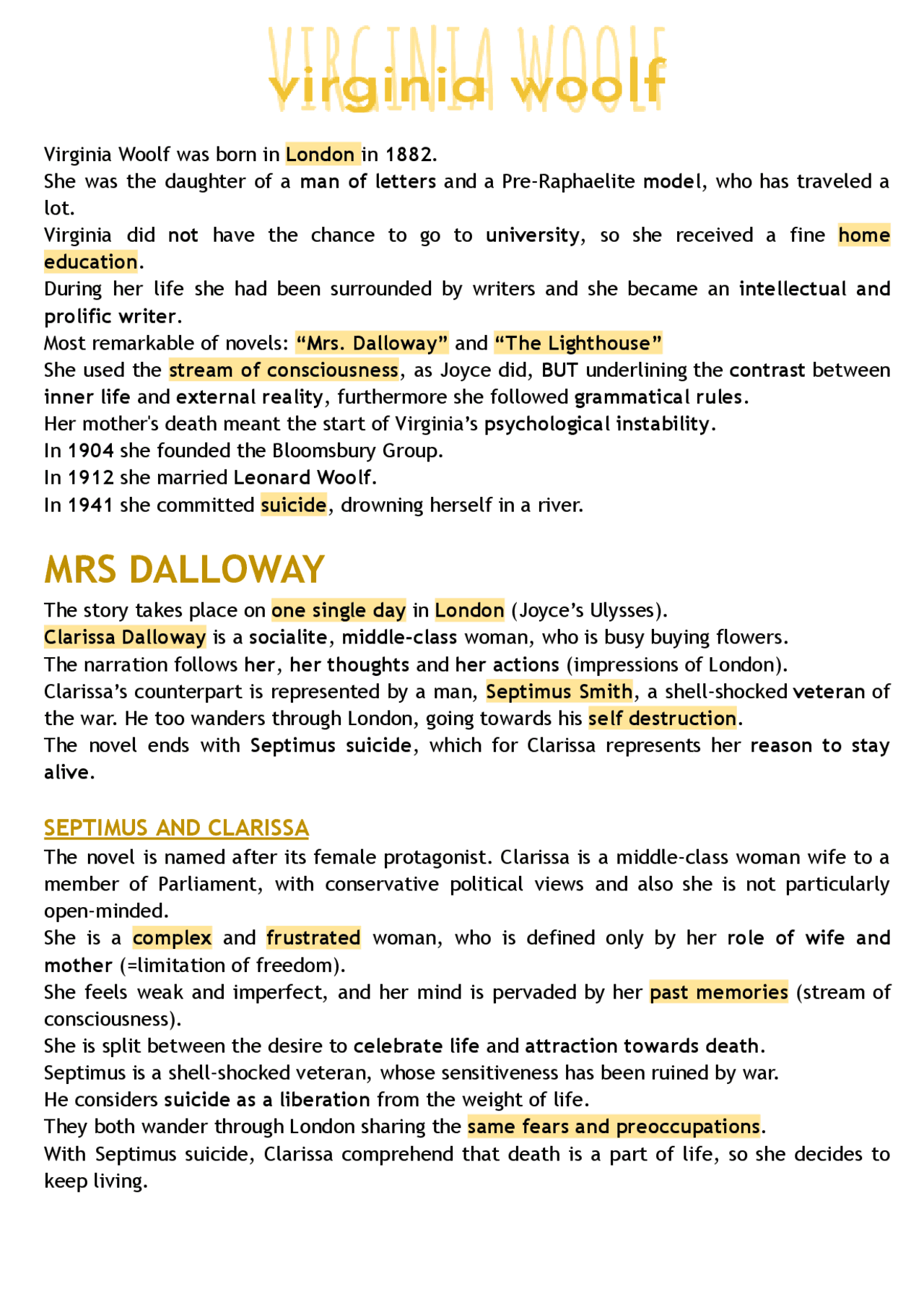 Virginia Woolf and Mrs Dalloway - Docsity