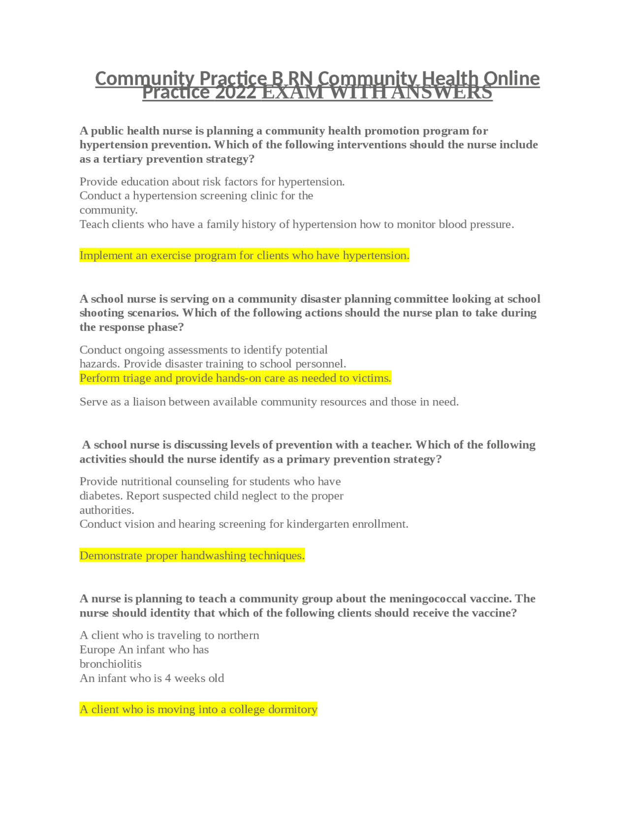 Community Practice B RN Community Health Online Practice 2025 EXAM WITH