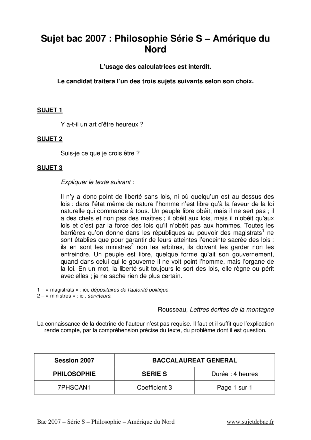 Sujet officiel complet du bac S Philosophie 2007 - Docsity