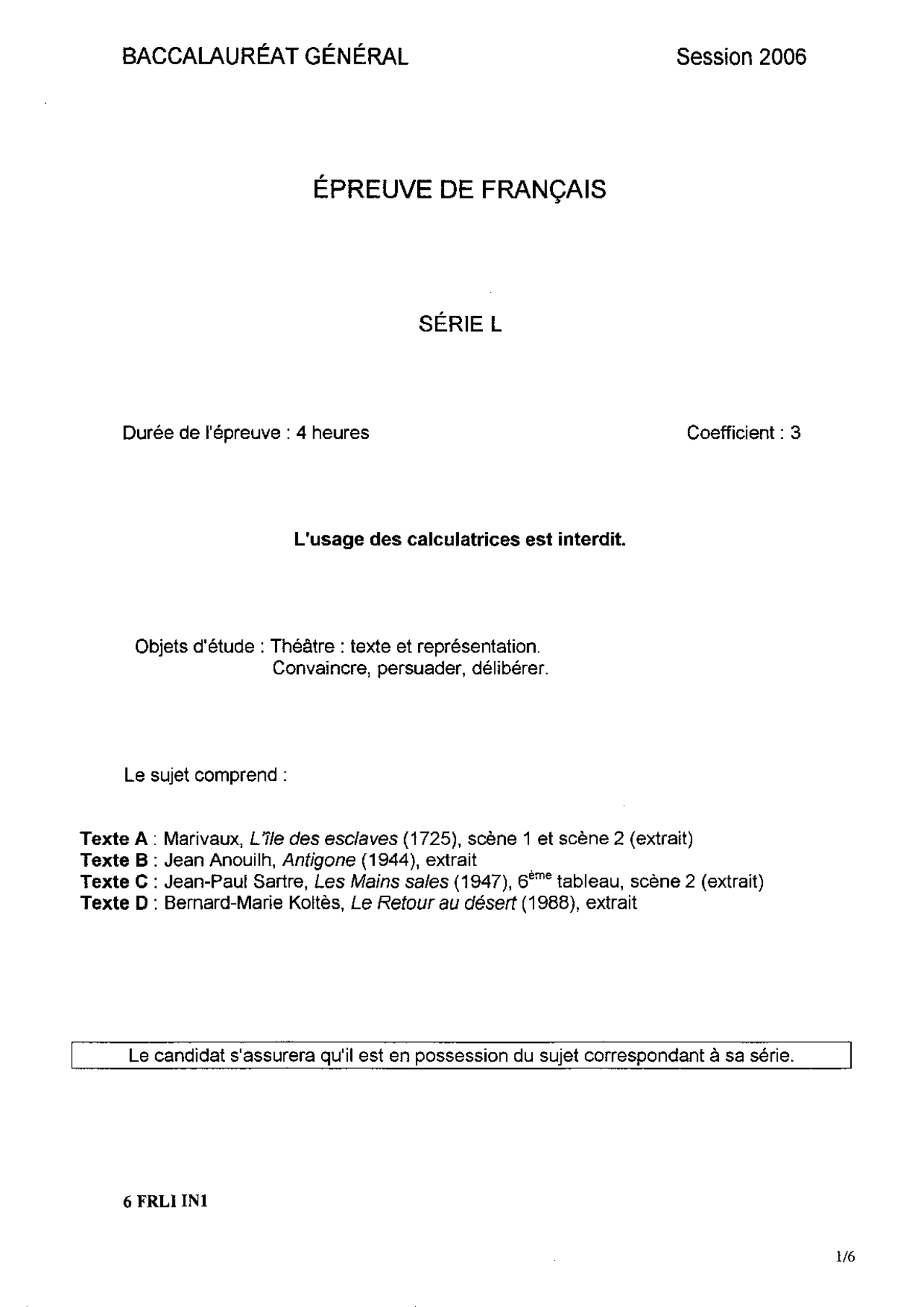 Sujet officiel complet du bac L Français (1ère) 2006 | Examens Français ...