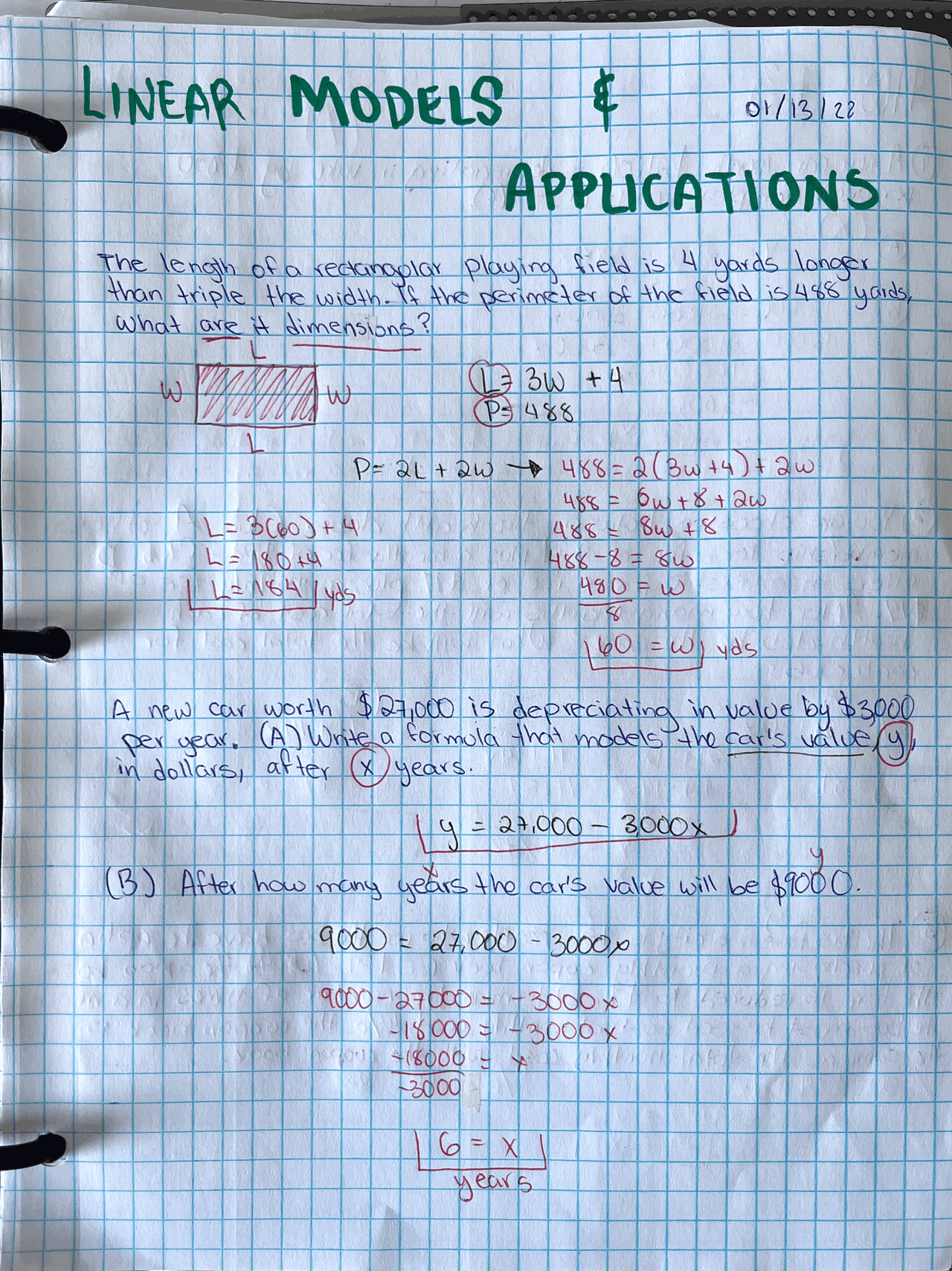 Linear Model Project Examples Linear Models and applications- College Algebra - Docsity
