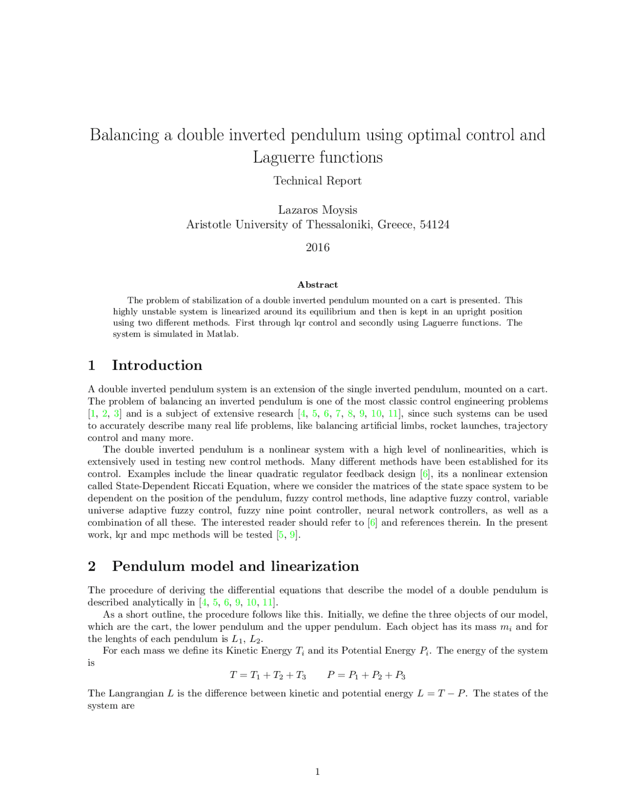 Optimal Control of a Double Inverted Pendulum on a Cart 2 - Docsity