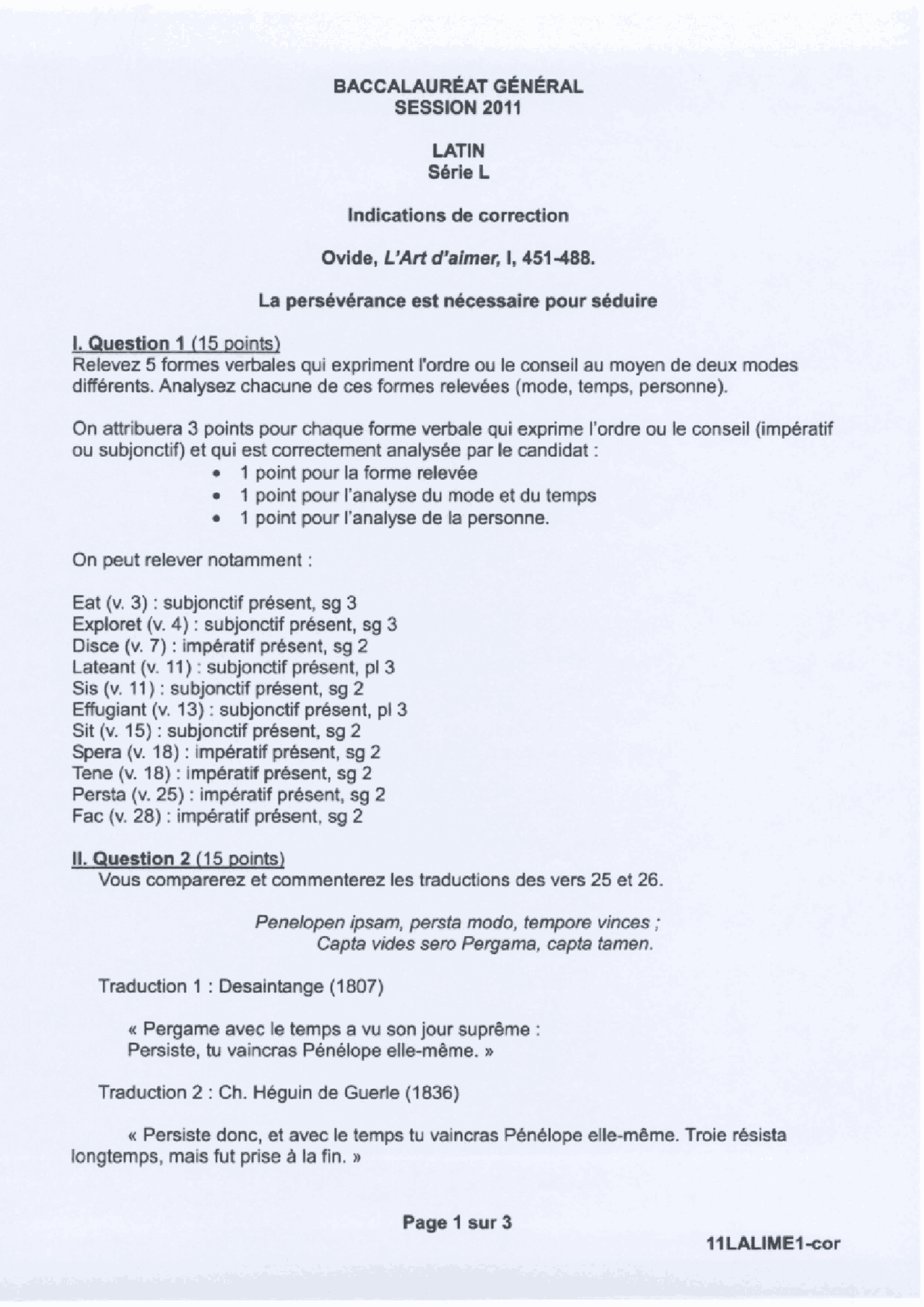 Corrigé du bac L Latin 2011 - Métropole | Lectures Latin | Docsity