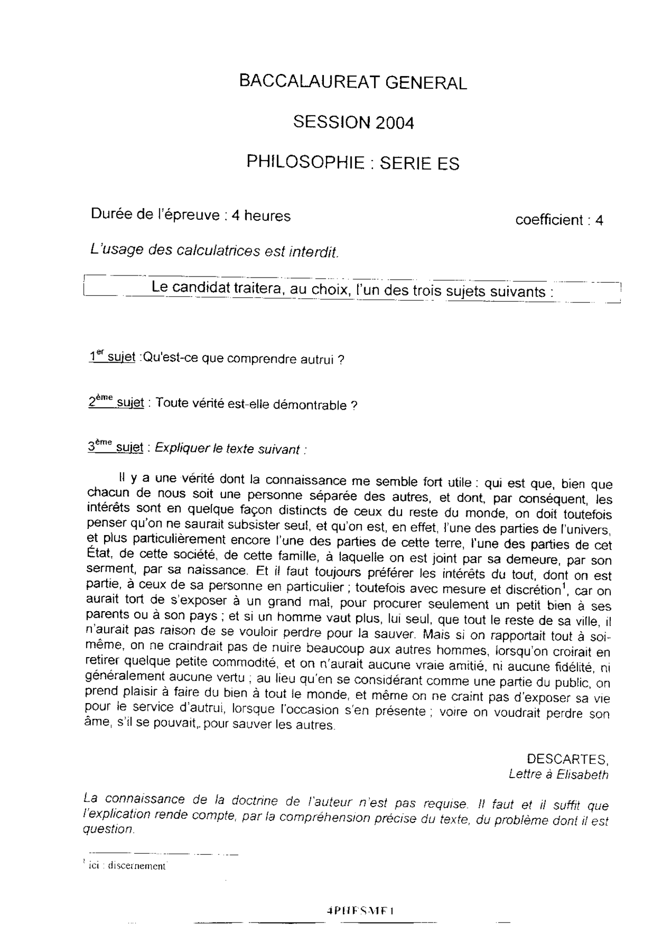 Sujet officiel complet du bac ES Philosophie 2004 - Docsity
