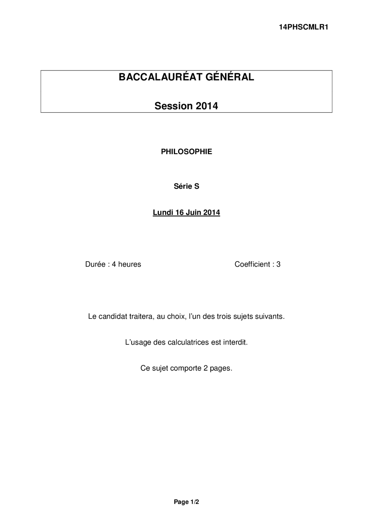 Sujet officiel complet du bac S Philosophie 2014 - Docsity