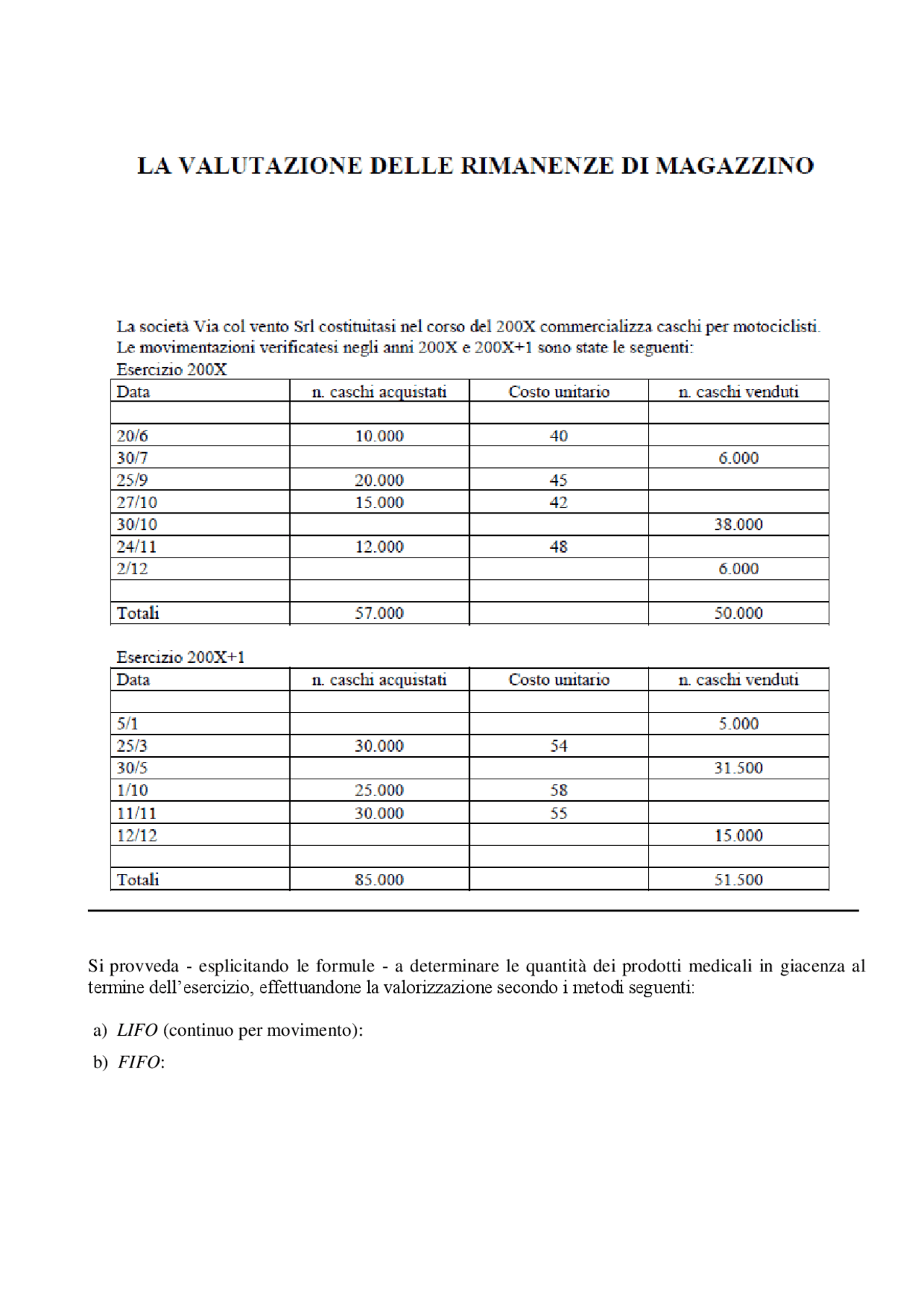 Esercizi sul Magazzino o Rimanenze Finali - Docsity