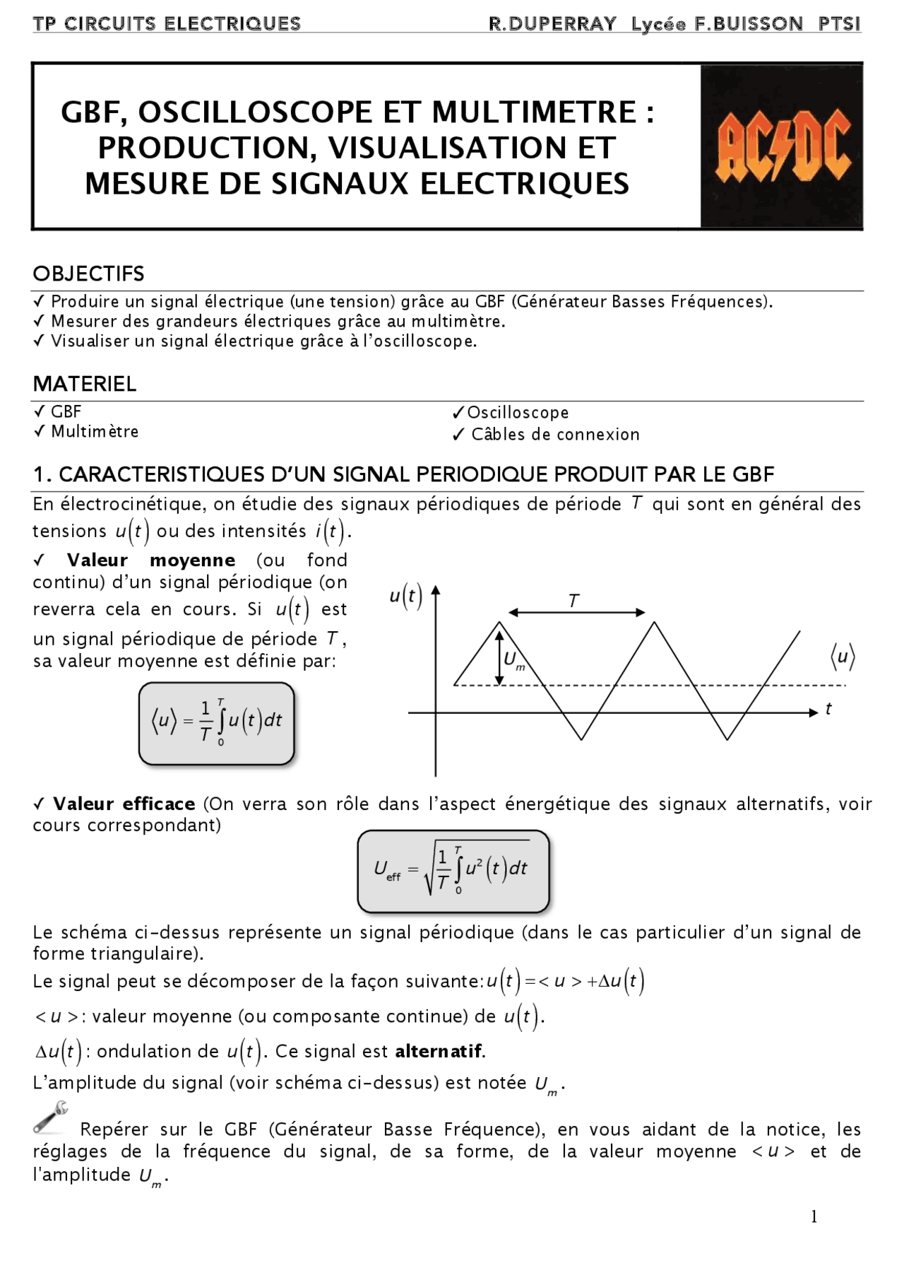 Gbf, oscilloscope et multimetre Notes Français Docsity