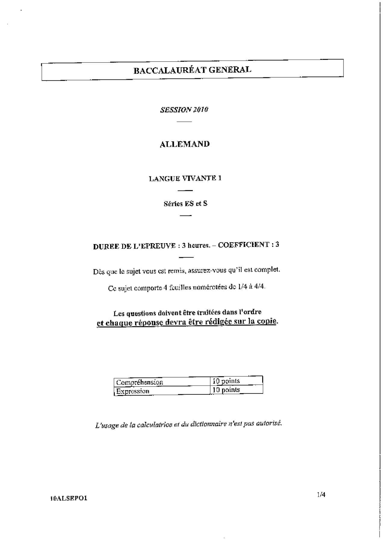 Sujet officiel complet du bac S-ES Allemand LV1 2010 - Docsity