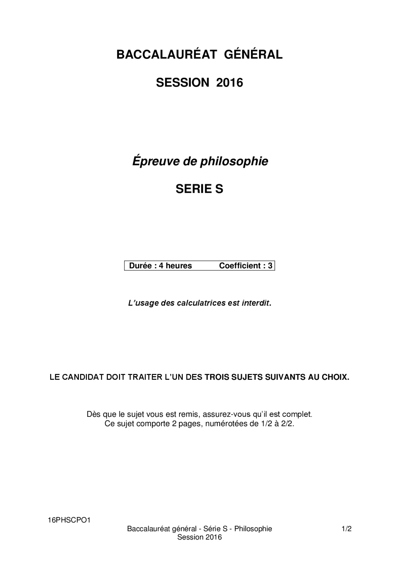 Sujet du bac S Philosophie 2016 Notes Philosophie Docsity