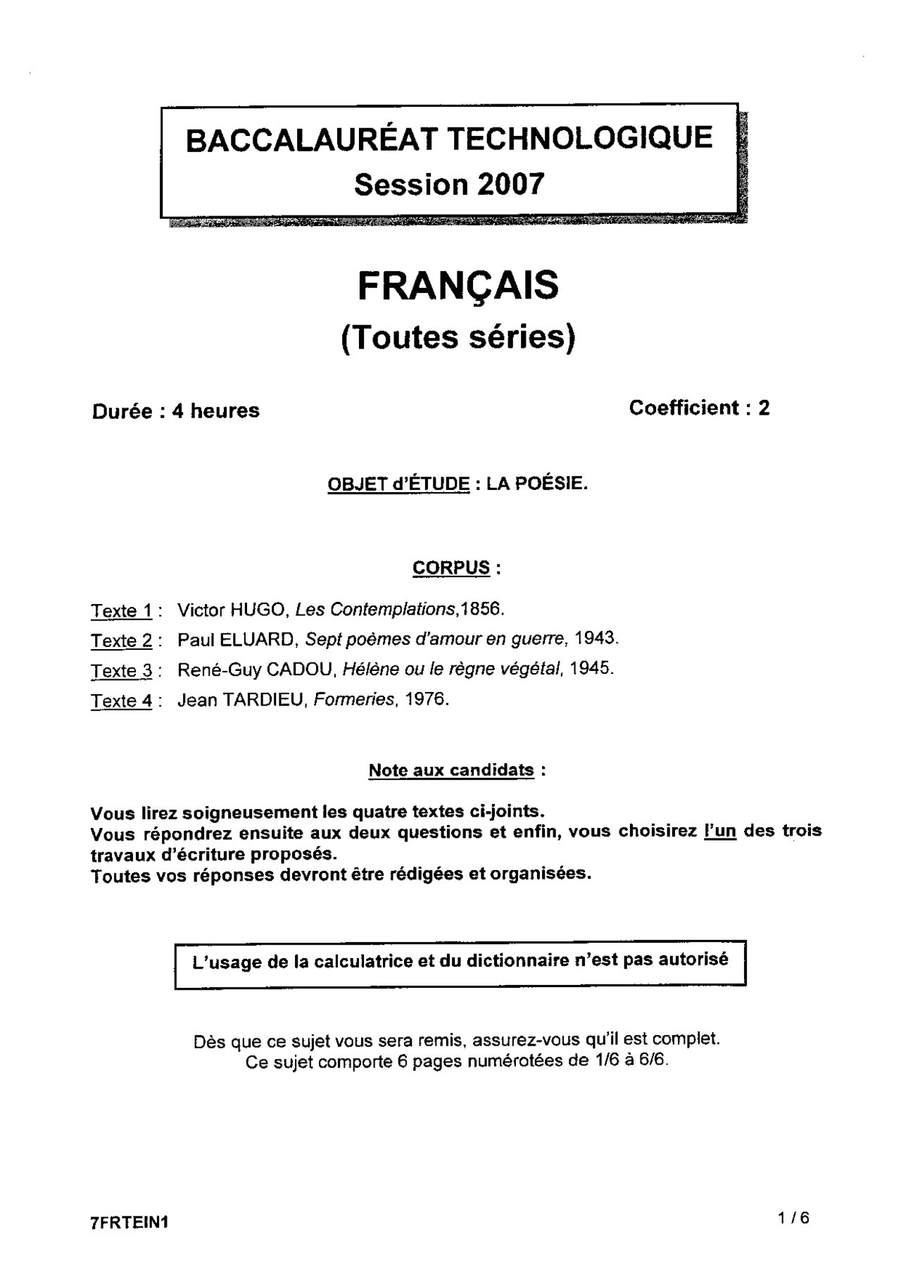 Sujet officiel complet du bac STG Français (1ère) 2007 - Docsity
