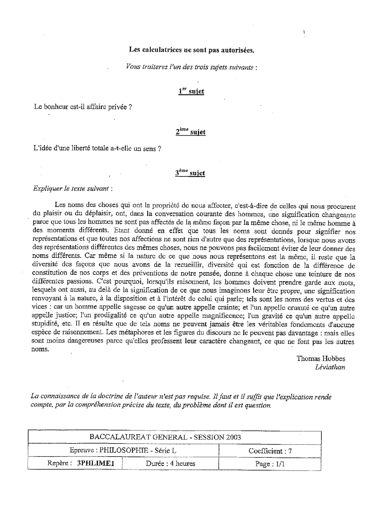 Sujet officiel complet du bac L Philosophie 2003 - Docsity